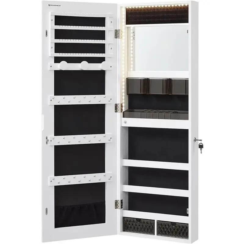 Jewelry Cabinet  , Wall/Door Mount Storage Cabinet with Full-Length Frameless Lighted Mirror, Built-in Makeup Mirror, 2 Drawers,