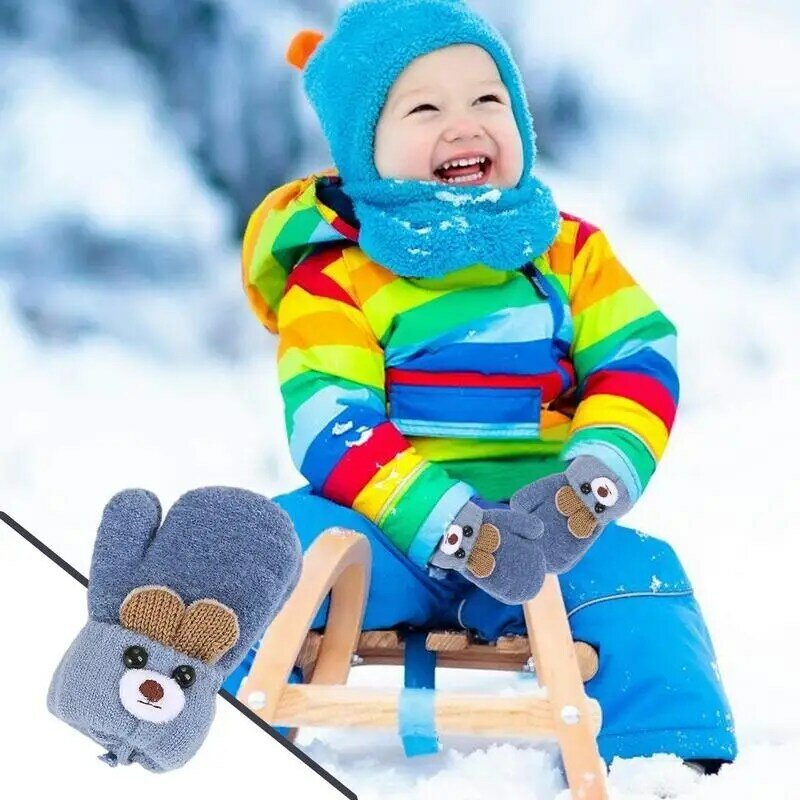 赤ちゃんのためのかわいい漫画のクマの手袋、男の子と女の子のためのニットウールのミトン、厚くて暖かい、幼児のための完全なロープグローブ、0〜3年、冬