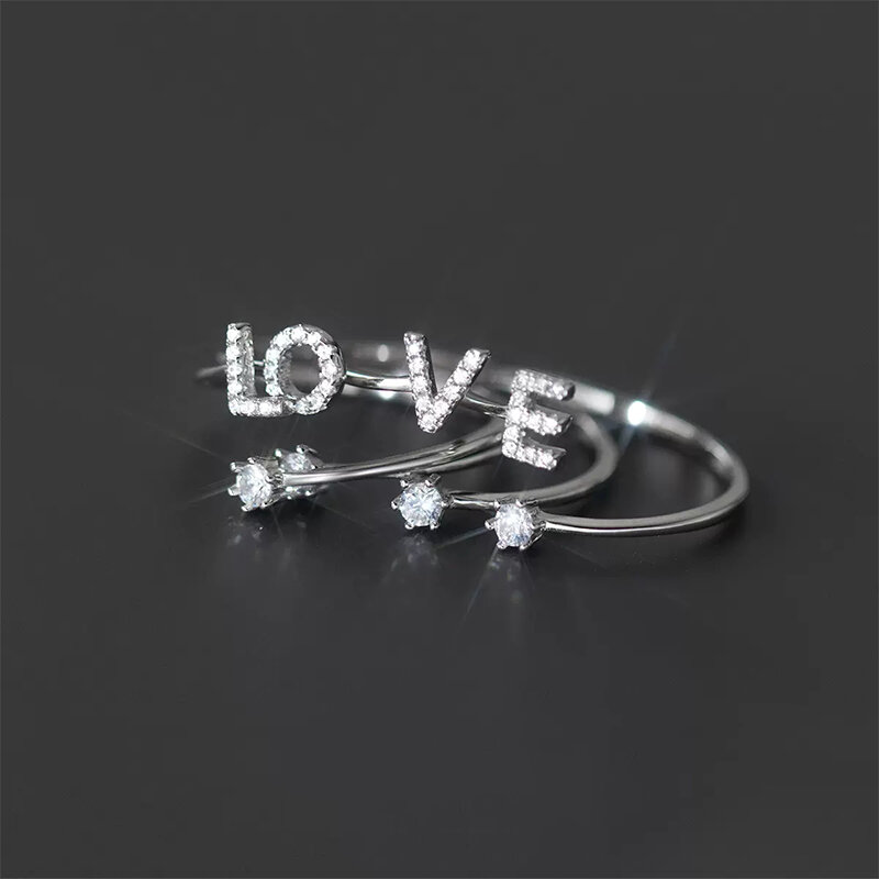 Fashion 925 Sterling Silver 26 Letter Ring Sparkling Diamond Zircon Open Ring Index Finger Your Name Ring Birthday Party Jewelry