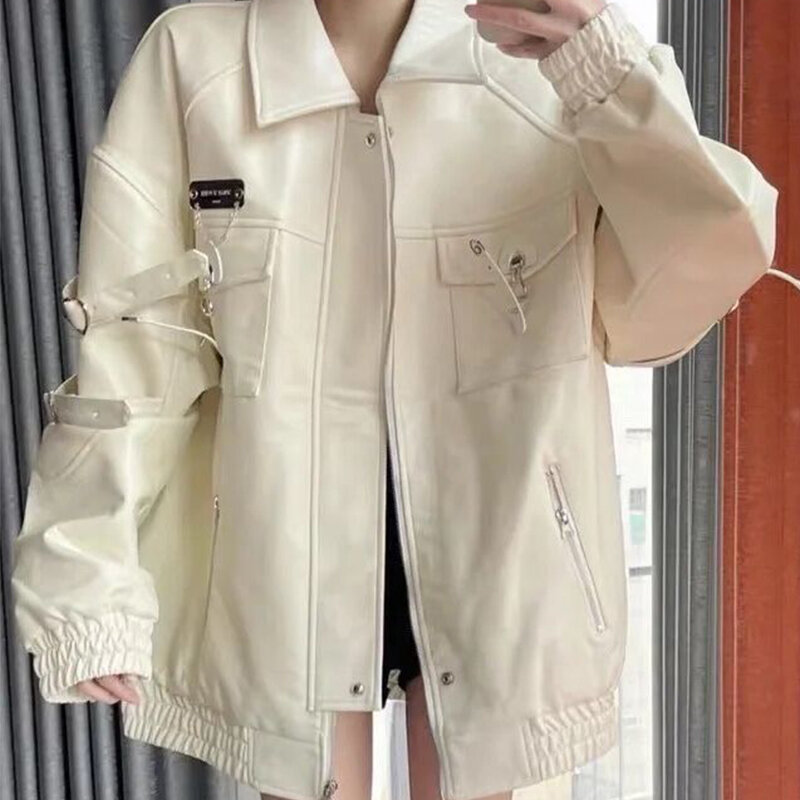 Женская кожаная куртка в стиле пэчворк, свободная офисная повседневная куртка из искусственной кожи на молнии, бежевая модная короткая верхняя одежда, осень-зима 2023