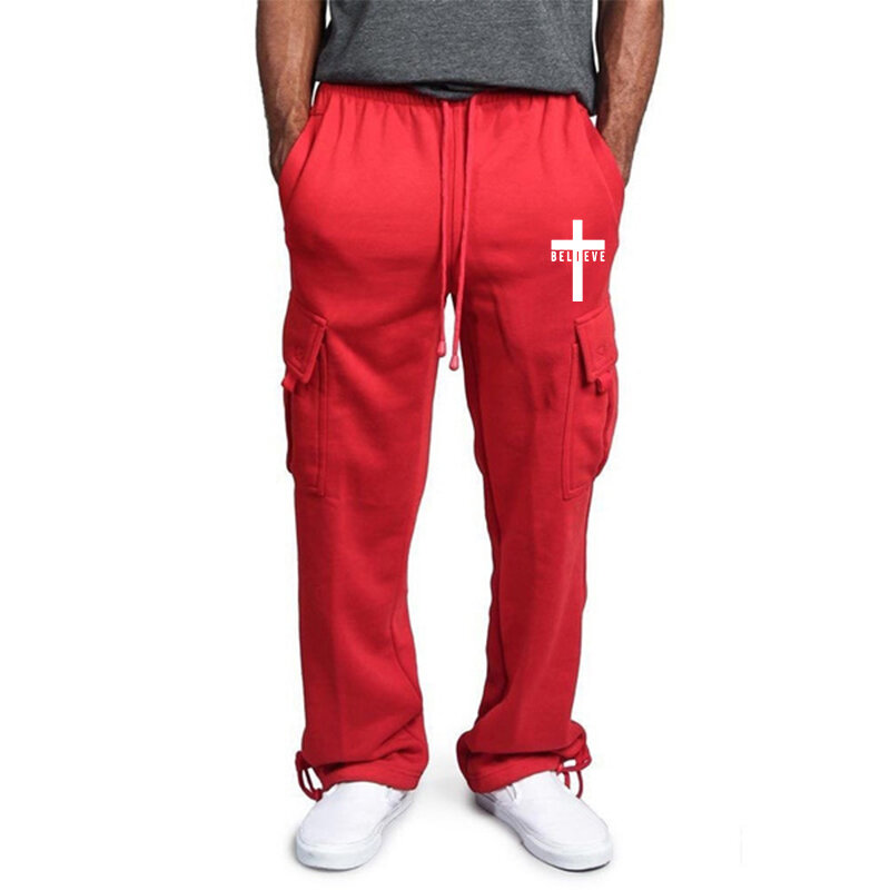 Pantalones holgados con múltiples bolsillos para hombre, pantalón informal de moda, Color sólido, pantalones Cargo con cordón