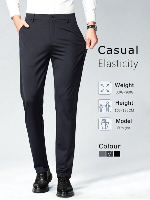 Calça de terno de alta elasticidade masculina, clássica, reta, magra, masculina, de trabalho, festa formal, calça casual, preta, cinza, azul