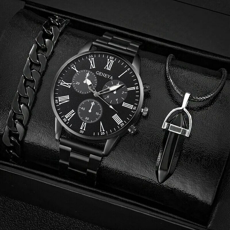 Relógio de pulso de quartzo de aço inoxidável masculino, Relógios de negócios para homens, pulseira preta casual, colar, moda, conjunto 3 peças