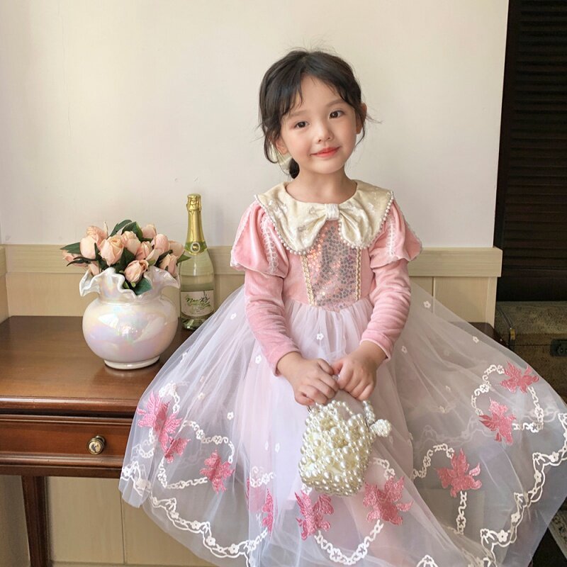 Vestido de manga comprida princesa Elsa feminino, vestido de performance infantil, gelo e neve 2, primavera, outono, novo