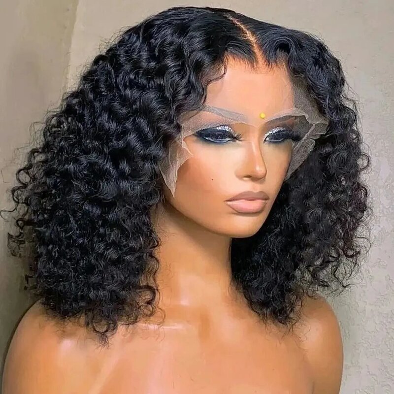 短い巻き毛のブラジルの人間の髪の毛のかつら,黒人女性のためのヘアピース,フロントレース付き13x4,深い波,密度180