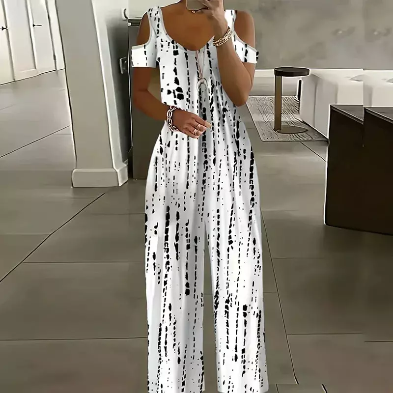 Women Sexy Summer Short Sleeve One-Piece Romper 2024 Retro Printed Trousers Jumpsuits Fashion Off Shoulder Straps Party Jumpsuit