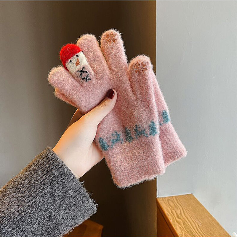 Kawaii Kerst Gebreide Wollen Handschoenen Winter Warme Thermische Wanten Voor Vrouwen Meisjes Schattige Modieuze Sneeuwpop Vijf Vingers Handschoen