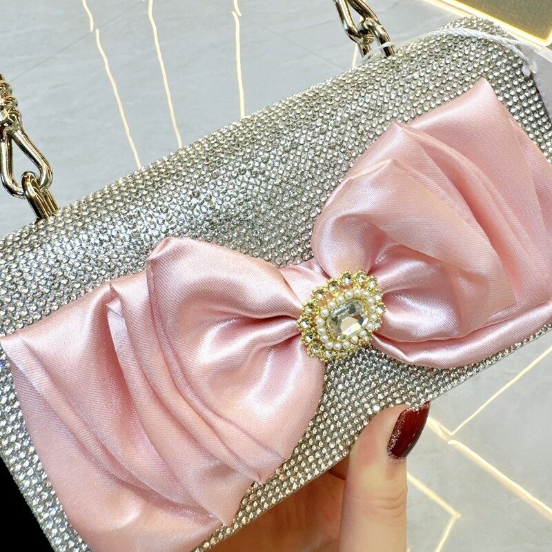 Женская Роскошная ручная сумка 2024, трендовая сумка через плечо с бантом и цепочкой с бриллиантами, Элегантная Модная оригинальная брендовая дизайнерская вечерняя сумка