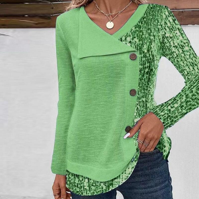 Женская Асимметричная блузка на пуговицах, повседневный мягкий длинный топ из полиэстера с принтом и блестками, украшенный длинными рукавами, осень-весна