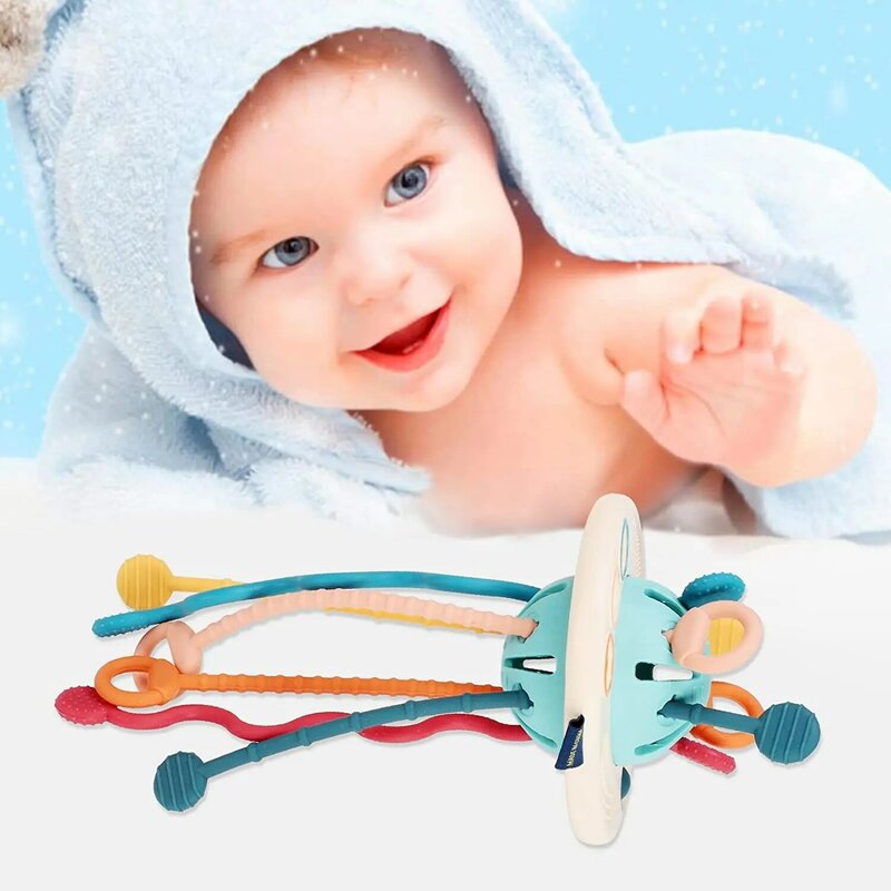 Juguetes de viaje de avión con cuerda de tracción para niños pequeños, juguetes Montessori para bebés de 6-12 meses, juguete de actividad de cuerda de tracción de silicona UFO