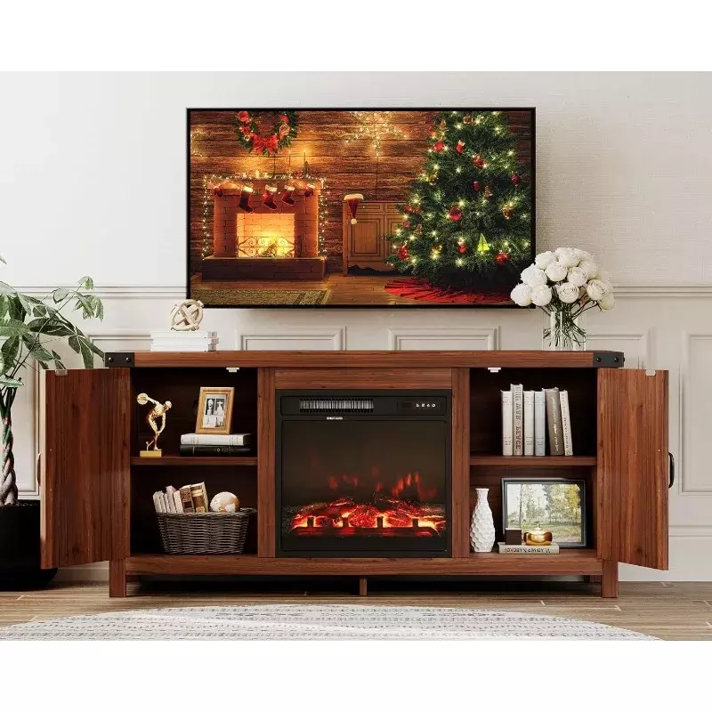 Lareira TV Stand com portas de celeiro duplo, armários de armazenamento para TVs de 65 ", Farmhouse TV Entertainment Centerwith Cabinet