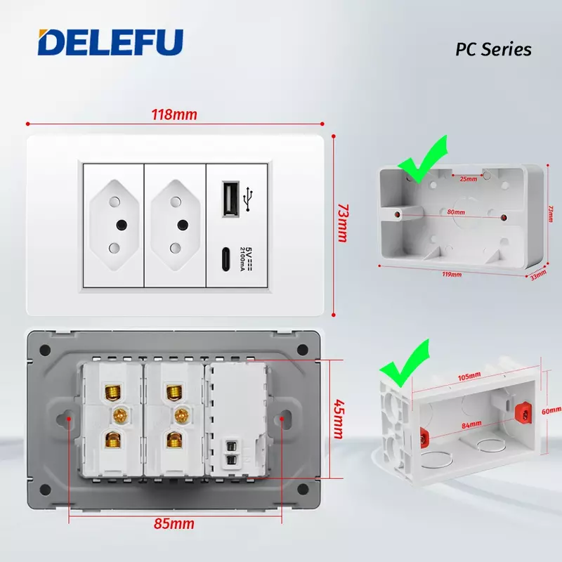 DELEFU-شاحن USB مزدوج من النوع C ، لوحة كمبيوتر ، شحن مقاوم للحريق ، منفذ برازيلي قياسي ، طاقة جدارية سوداء ، مفتاح إضاءة ، قابس كهربائي ، 10A ، 20A