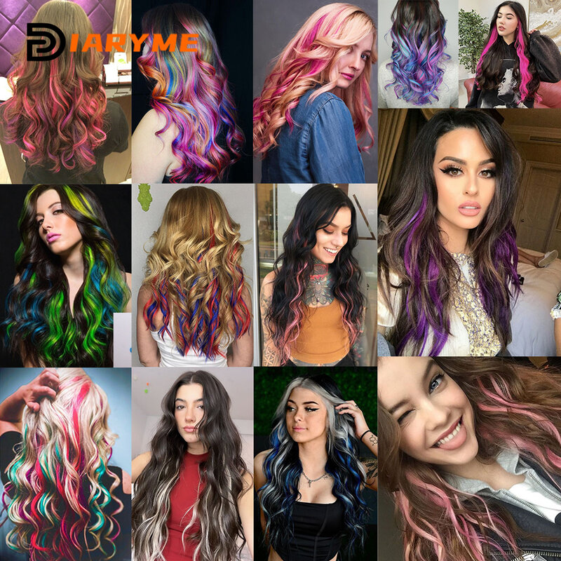 Kolorowe włosy doczepy kręcone jeden klips w syntetyczne długie włosie dla dziewczynek, wielobarwne, imprezowe pasemka peruka