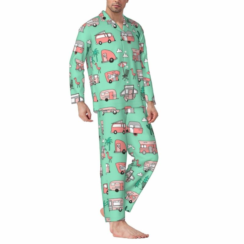 Camper Vacation Pajamas Mens RV Hipster Road Trip Kawaii Sleep Sleepwear Spring 2 Piece Loose Oversized Design Pajama Sets