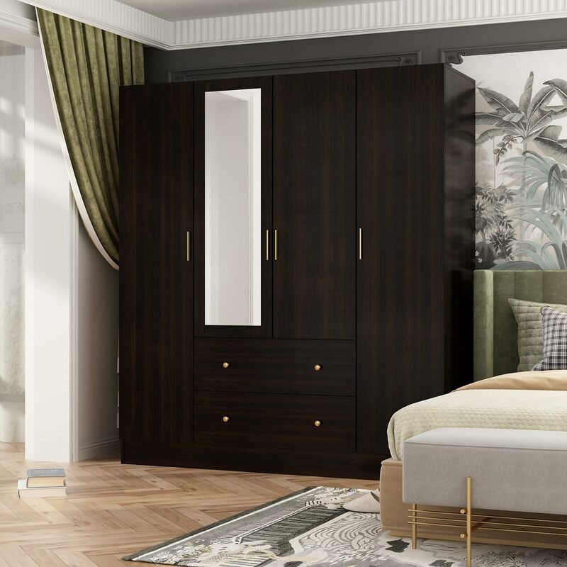 4 Door Wardrobe Armoire Closet with Mirror Door, Wooden Wardrobe Cabinet with 2 Drawers & Hanging Rod, Bedroom Armoire Dresser