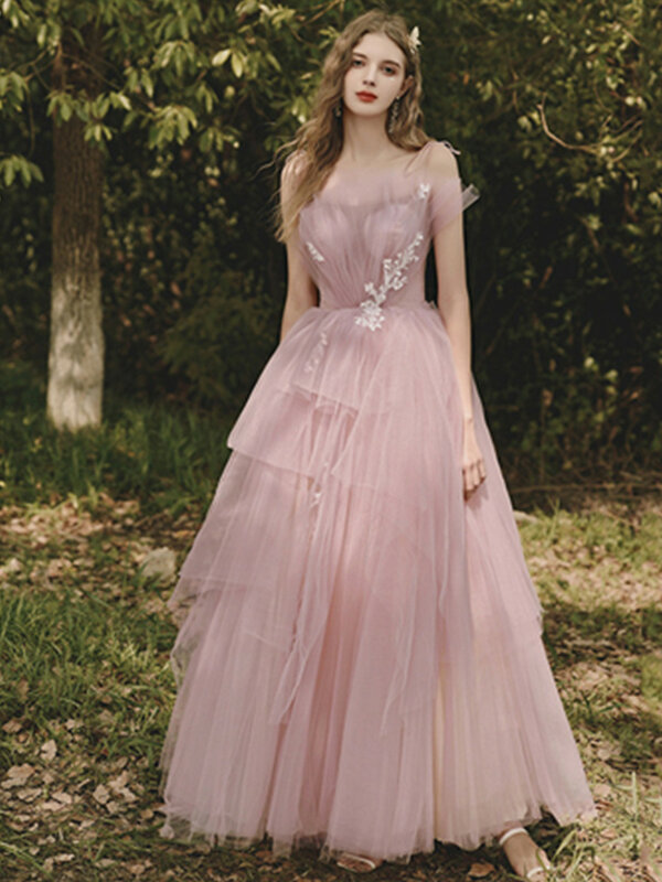 Gaun elegan dan manis baru 2024 gaun Festival gadis merah muda panjang Prancis gaun pesta pernikahan pengiring pengantin dansa gaun kelulusan