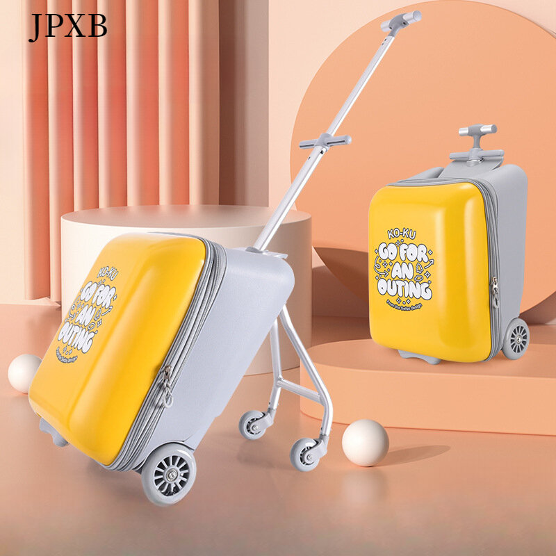 Kotak bagasi perjalanan anak-anak penawaran dengan roda laki-laki dan perempuan ransel bergulir kotak bayi kuning casing troli malas berkendara