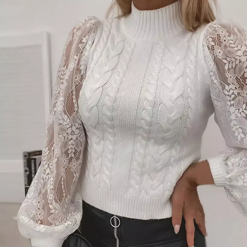 Sweater rajut lengan panjang wanita, Sweater ukuran besar kasual longgar leher tinggi, Sweater musim dingin renda jahitan putih