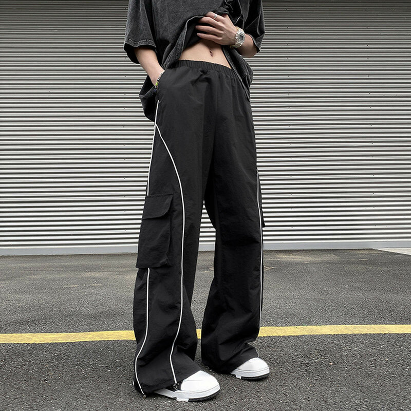 Street Style Hip-Hop Cargo Trousers Daily Causal Sports Jogging Pants Elastic Waist Line Loose Wide Leg Floor Mopping Pants