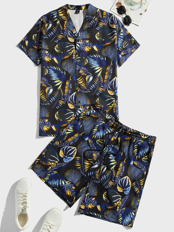 Men's and Women's Summer Short Sleeve Shirt Set Tropical Plant Flower Print Fashion Lapel Button Top Shorts