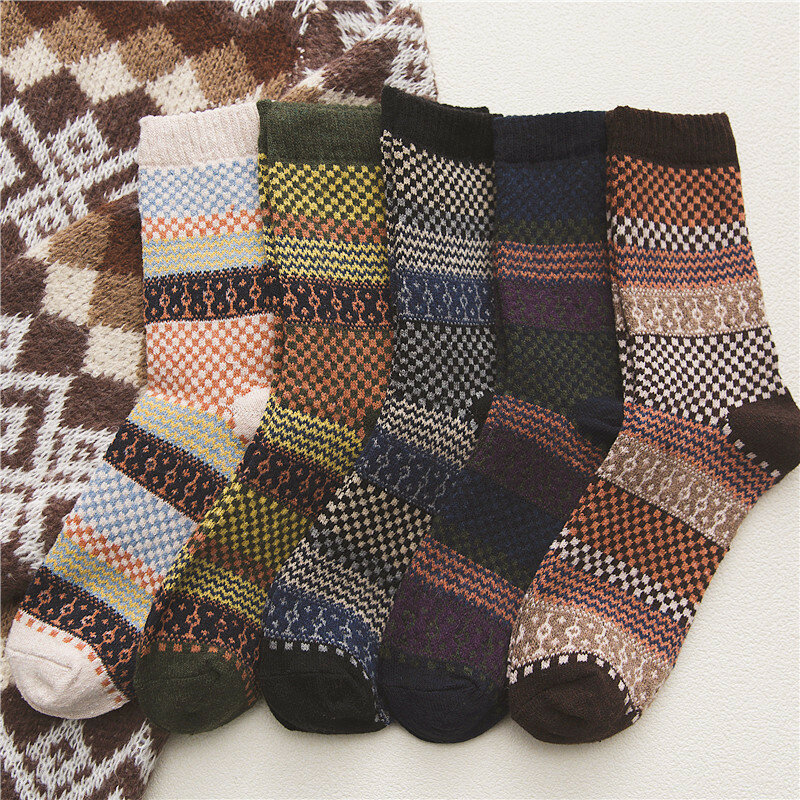 5 pares de calcetines de lana cálidos para hombre, calcetines de esquí de estilo étnico retro, cuadrados, de tubo medio, Otoño e Invierno
