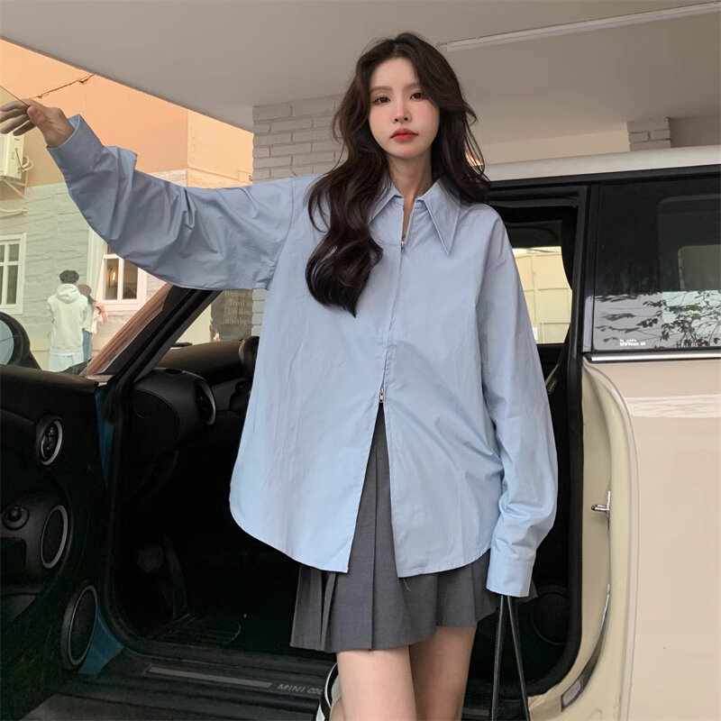 Miiiix Korean Fashion Loose Shirt Top 2024 Women's New Spring and Autumn Design Feel Double Zipper Shirts Female Clothing