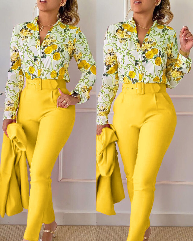 Casual Long Sleeve Shirt Pants Set Office Lady Fashion Elegant V Neck Floral Print Trousers Two Piece Set Women Outfit 2023