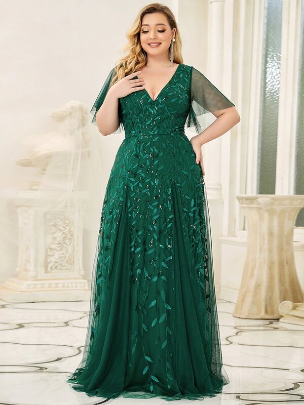 فستان سهرة طويل جدًا ، مقاس كبير ، قلادة على شكل حرف v ، نصف كم ، طول الأرضية ، الحجم الكبير ، الأخضر ، للنساء ،