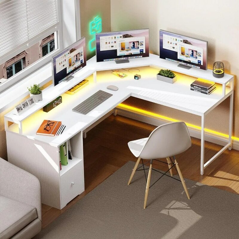 Mesa em forma de YITAHOME-L com saídas e luzes LED, computador com gaveta de arquivos, mesa de canto para casa e escritório, 67 in