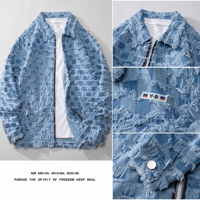 Wiosenne jesienne frędzle w kratę Y2K jasnoniebieskie dżinsy kurtki luźna odzież uliczna bawełniane Jaqueta Jeans Chaquetas Hombre męskina płaszcze