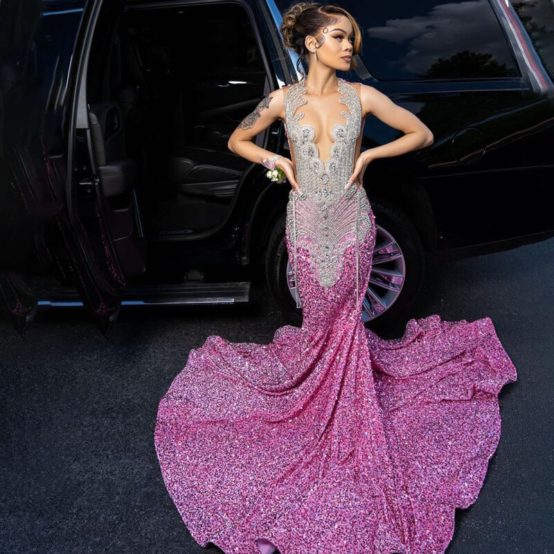 Elegant Pink Mermaid Bride Dresses V-Neck Paillette Tassel Applique Crystal Sleeveless Open Back Prom Dress Robe de soirée