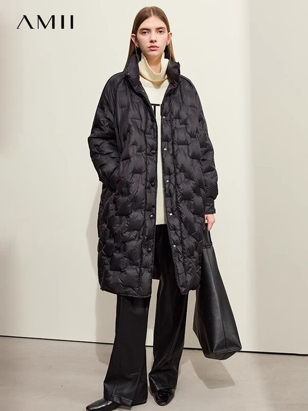 Amii-minimalista jaqueta longa para as mulheres, casaco quente com gola alta, manga raglan solta, para o escritório, novo, inverno, 12324010, 2023
