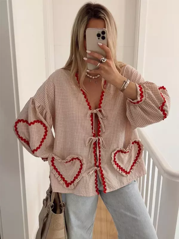 Elegant Striped Women's Shirt Casual Heart Lace Up Long Lantern Sleeve V-neck Female Shirts 2024 Spring Summer Chic Blouse Top