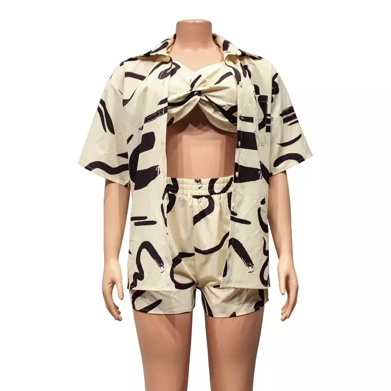 KEXU Sexy Beach Holiday Printed Women's Set Half Sleeve Shirt and Bra + Shorts 2023 Sweatsuit Three 3 Piece Set Outfit Tracksuit
