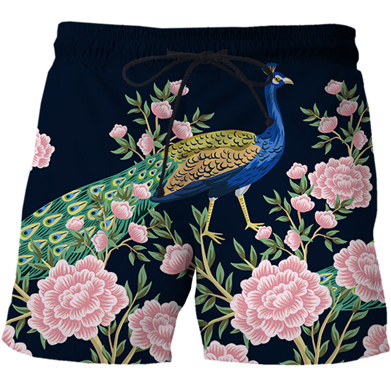 Celana pendek pantai pria, celana pendek pantai seni Cina Tradisional musim panas, celana pendek pria kasual tanaman burung motif 3D