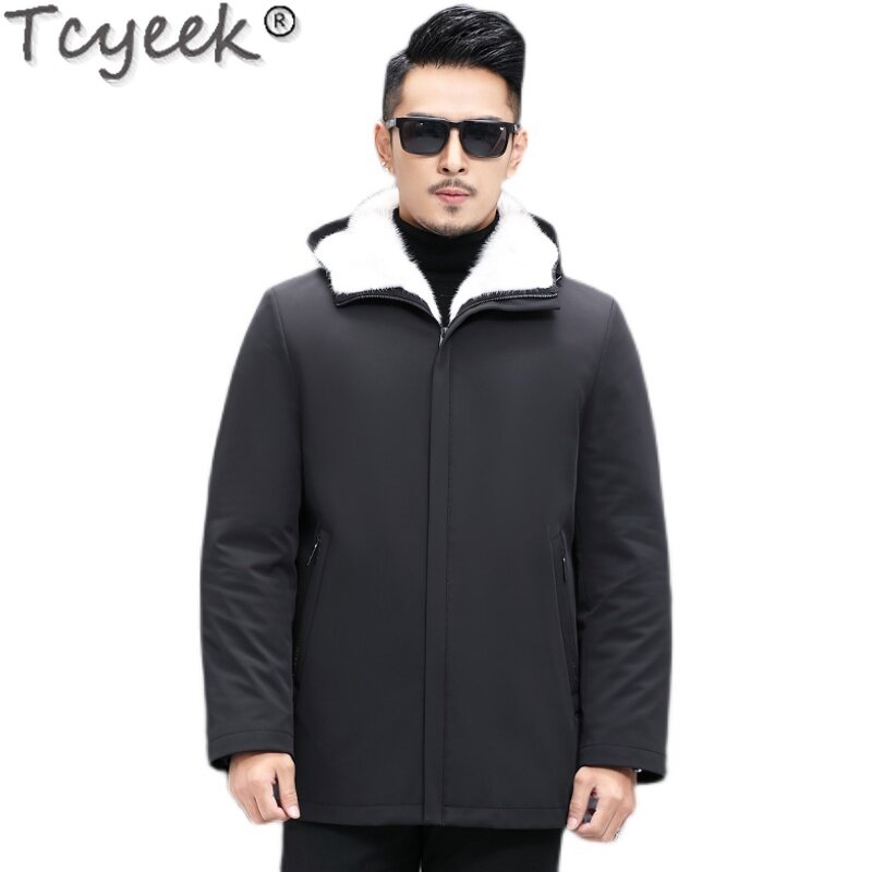 Tcyeek-男性用の本物のミンクの毛皮のコート,フェレット,ミドル丈のパーカー,ファッショナブルな服,冬,2023