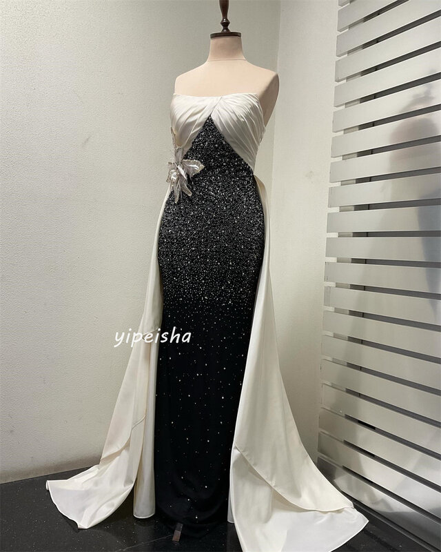 Jersey Flower Sequined Beading Ruched Engagement A-line Strapless Bespoke Occasion Gown Long Dresses