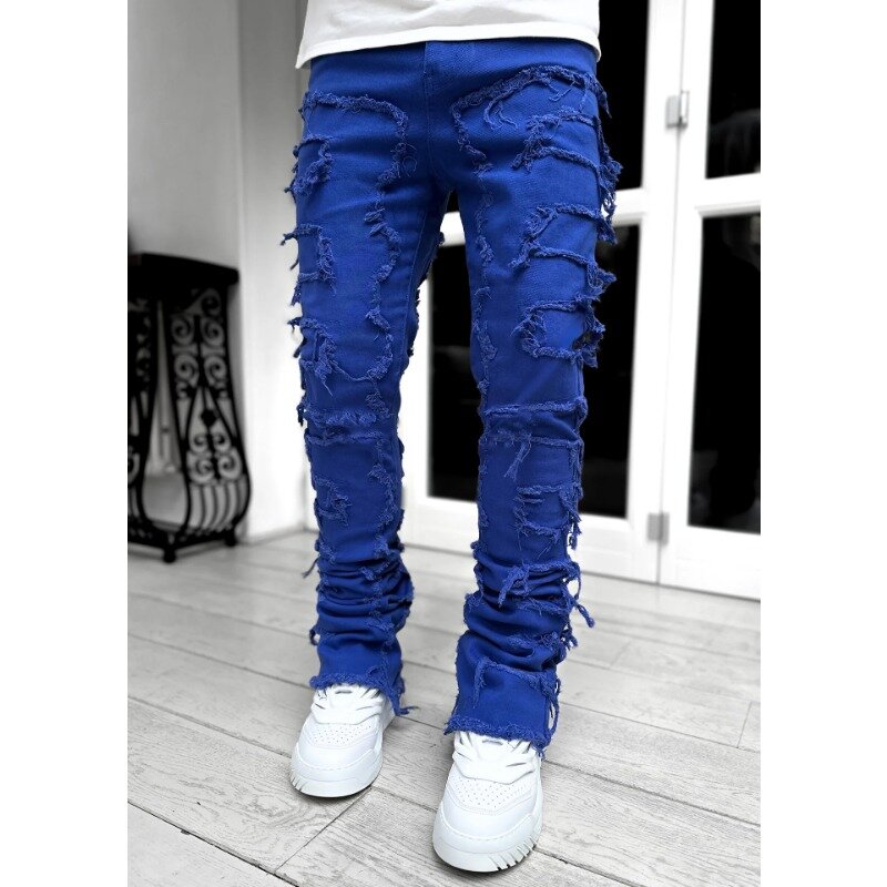 Męskie porwane jeansy w europejskim i amerykańskim stylu proste y2k osobowości modne elastyczne, zgrane, jednolite, podarte spodnie jeansowe