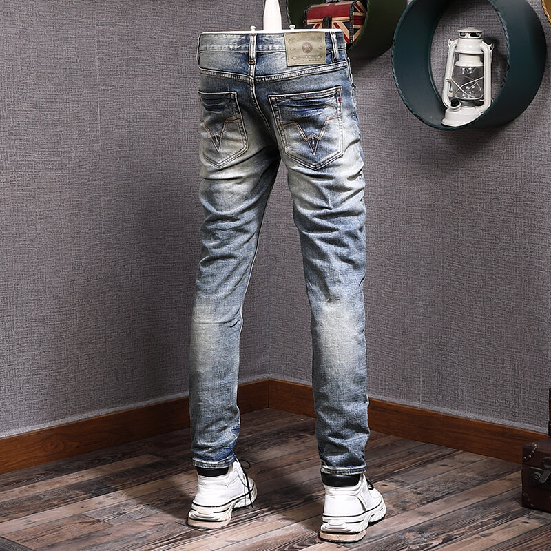Новые модные дизайнерские мужские джинсы в стиле ретро синие эластичные облегающие рваные джинсы с потертостями Мужские Винтажные джинсовые брюки с заплатками