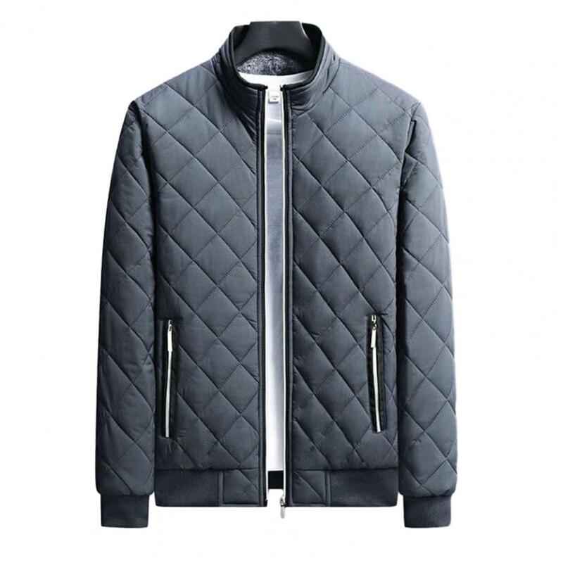 남성용 지퍼 포켓 재킷, 풀 지퍼 클로저, 겨울 코트, 세련된 격자 무늬 질감, 따뜻한 플리스 안감 포켓