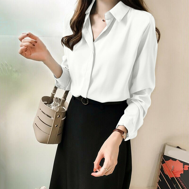 Camisa informal de manga larga para mujer, blusa Simple con cuello en V, Color sólido, primavera y verano