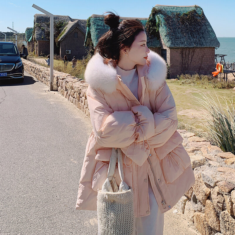 UMI MAO-jaqueta de pato branco curto para mulheres, quente, grosso, rosa, padrão, casaco de Harajuku, inverno, novo, 90, 2023