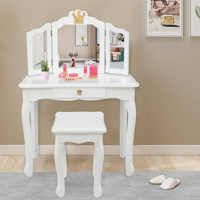 어린이 목재 드레서, 3 면 접이식 거울 화장대 의자 싱글 서랍 핑크/화이트 크라운 스타일 [미국 재고]