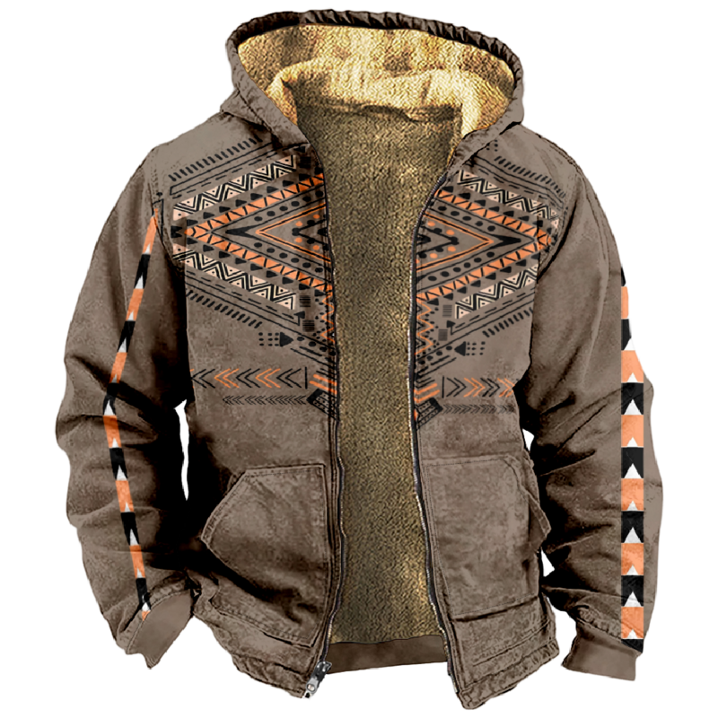 Aztec เสื้อฮู้ดกันหนาวซิปเสื้อแขนยาว3มิติวินเทจ, เสื้อโค้ทคอตั้งฤดูหนาวฮาราจูกุชายสำหรับผู้หญิง