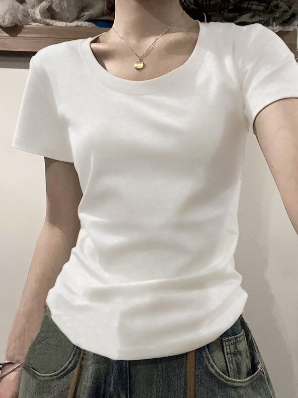 T-shirt de manga curta para mulheres, top curto com ombro, emagrecimento e slim fit, estilo americano, design de verão