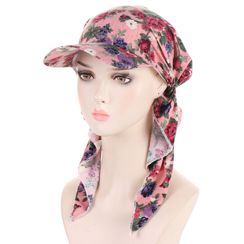 Turbante estampado floral para mulheres, hijab muçulmano, boné de beisebol, chapéu de sol, lenço, lenço, aba, lenços femininos, bandanas, moda