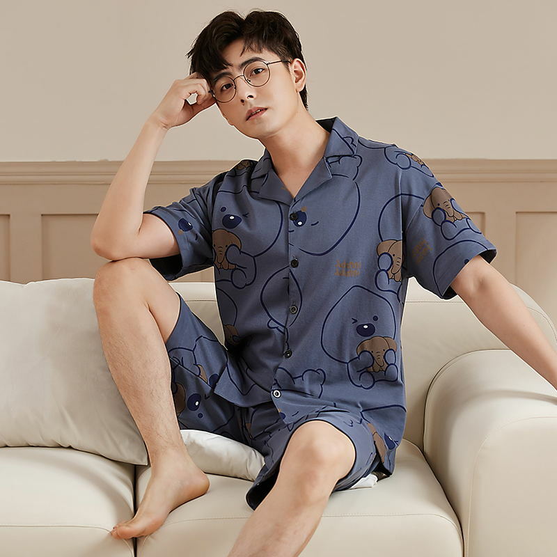 Baju Tidur Katun Pria Atasan Tidur Lengan Pendek Piyama Longgar Lembut Pakaian Rumah Kasual Pakaian Tidur Pria Musim Panas Baru