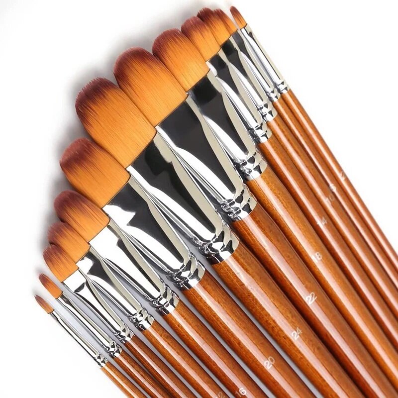 Artist Filbert Paint Brushes Set 13pcs Soft Anti-Shedding Nylon Hair Wood Long Handle for Acrylic Oil Watercolor Gouache