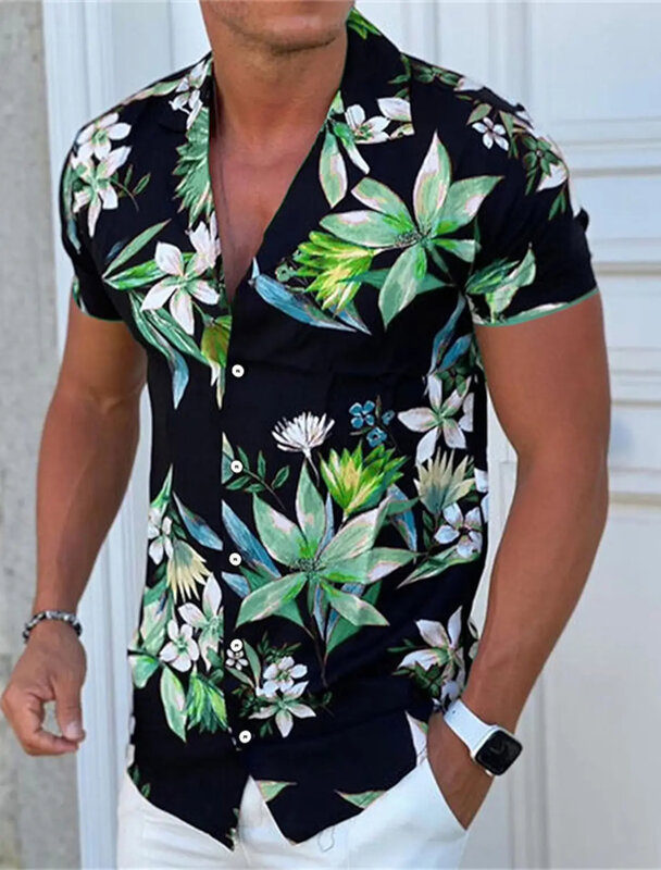 Camisa masculina de botão flor de verão, impressão 3D, planta, casual, versátil, tamanho positivo, estilo havaiano, camisa respirável para praia
