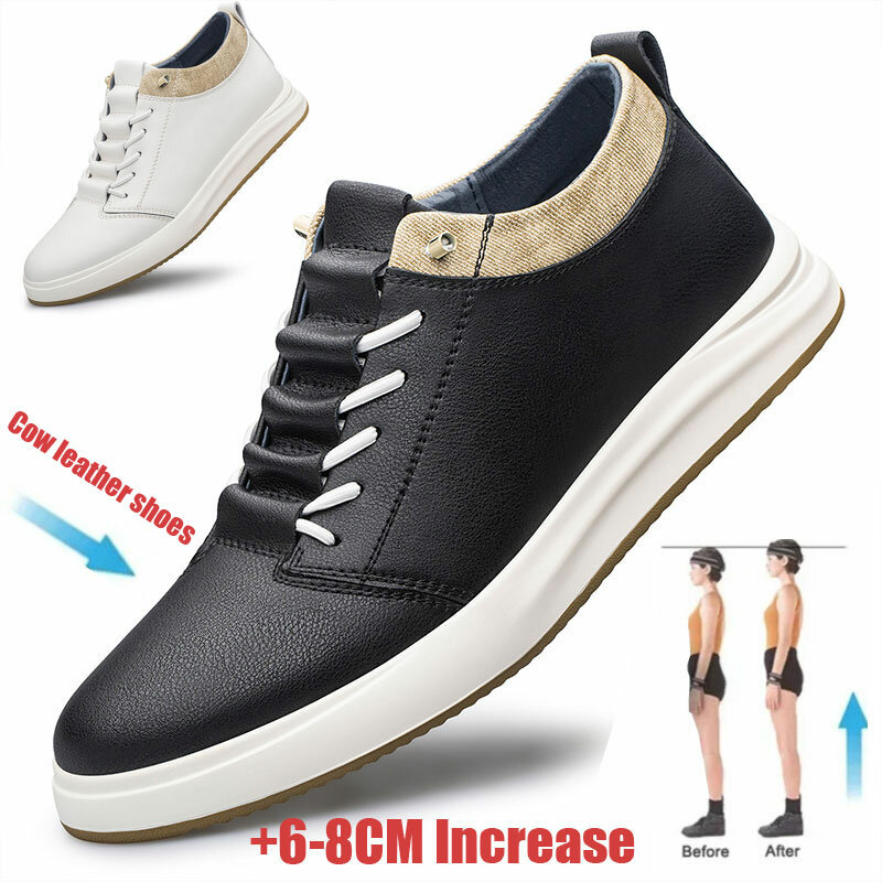 Men's genuine leather sneakers elevator shoes black height increasing shoes men luxury 6cm 8cm white casual lift casual shoes